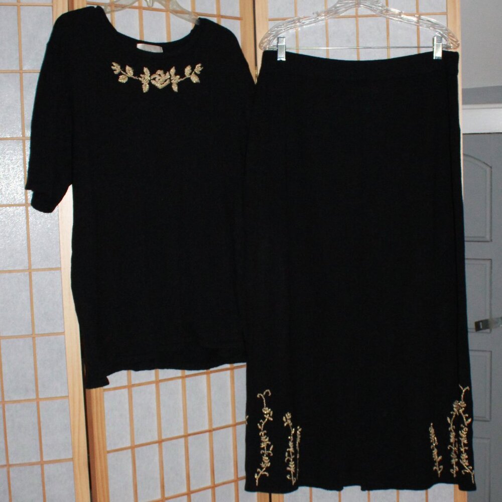 Vintage Maggie Barnes Metallic Embroidered Sweater Skirt & Top Set
